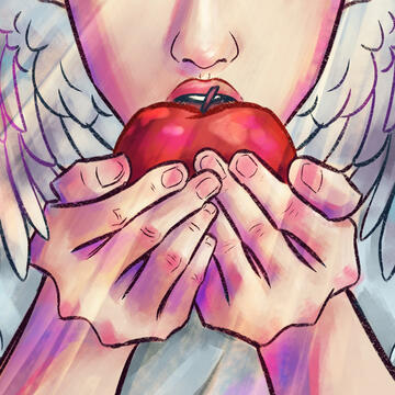 closeup shot of an angel with wings eating an apple